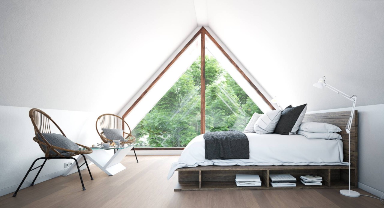 A modern attic bedroom with a triangular window near Grand Rapids, Michigan (MI)