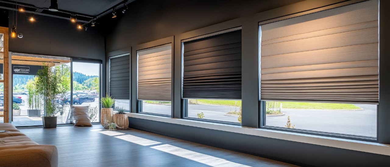 Several room-darkening shades in a window display at The Shade Shop near Grand Rapids Michigan (MI)