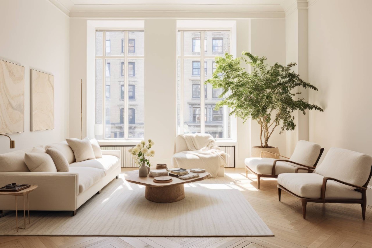 A lounge space with expansive windows and neutral furniture and decor at The Shade Shop near Grand Rapids, MI