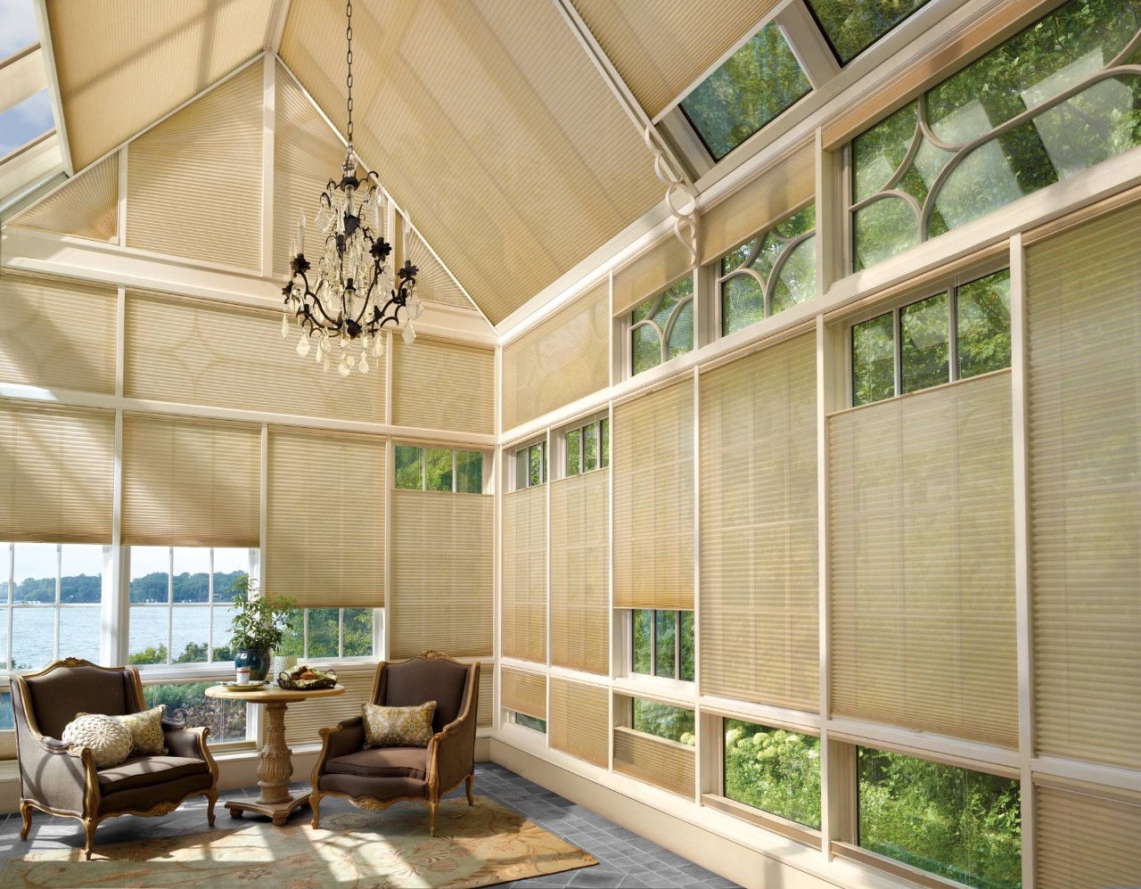 Hunter Douglas Duette® Cellular Shades on a gabled window near Grand Rapids, Michigan (MI)